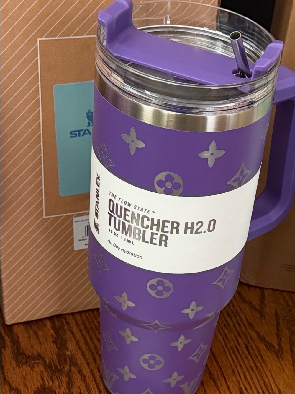 Stanley like purple Tumbler with silverMonogram Pattern